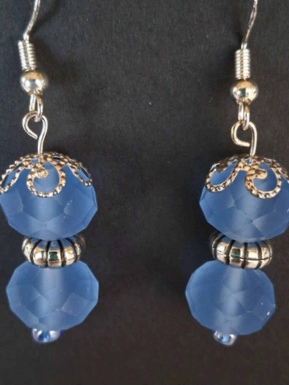 Ice Blue Faceted Bead Drop Earrings W/ Silver Tones - Handmade